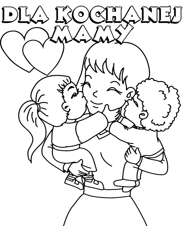 Kolorowanka online: Kolorowanka dzieci całujące swoją mamę w dniu jej święta